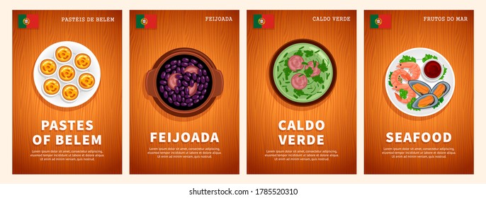 Portuguese cuisine. Traditional national food dishes on a wooden table. Seafood, Feijoada, Caldo Verde, Pastes of Belem. Template for vertical web banner, menu. Top view. Flat vector illustration.