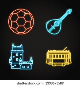 Portuguese culture icon set in glowing neon style. Vector illustration.