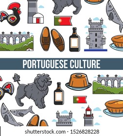 Portuguese culture seamless pattern, tourism poster, banner with famous landmarks, sightseeing places, portuguese country symbols, cultural elements, traditional food icons of portugal, illustration