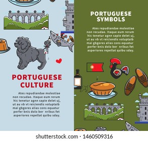 Portuguese culture and symbols travel to Portugal architecture and cuisine vector animal and footwear Portugal Water Dog and lighthouse, fish pastry and Madeira wine brick bridge clay rooster