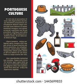 Portuguese culture travel to Portugal architecture and cuisine vector animal and footwear Portugal Water Dog and lighthouse fish pastry and Madeira wine brick bridge clay rooster with ornament.