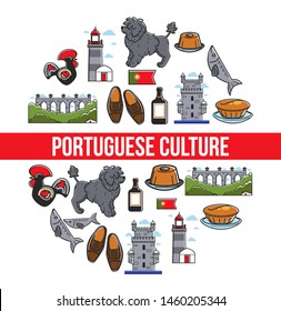 Portuguese culture travel to Portugal architecture and cuisine vector animal and footwear Portugal Water Dog and lighthouse fish pastry and Madeira, wine brick bridge clay rooster with ornament