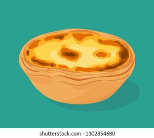 Tarta de crema portuguesa - pastel de nata. Pastel tradicional portugués creado en la parroquia civil de Santa Maria de Belem, Lisboa. Ilustración dibujada a mano por vectores.