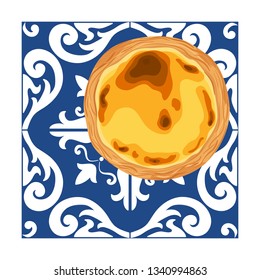 Portuguese custard tart - pastel de nata placed on ceramic azulejo tiles. Traditional portuguese pastry created in the civil parish of Santa Maria de Belem, Lisbon. Vector hand drawn illustration.