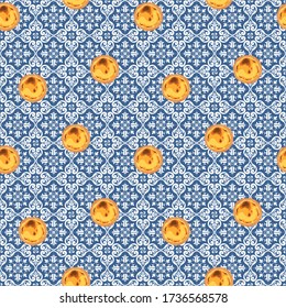 
Portuguese custard tart - pastel de nata on ornate ceramic azulejo tiles. Traditional portuguese pastry created in Lisbon. 
Seamless pattern. Vector illustration.