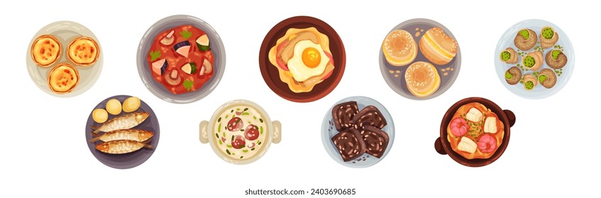 Portuguese Dishes and Main Courses View from Above Vector Set