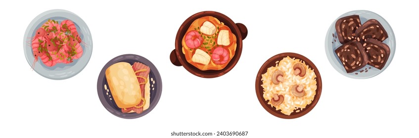 Portuguese Dishes and Main Courses View from Above Vector Set