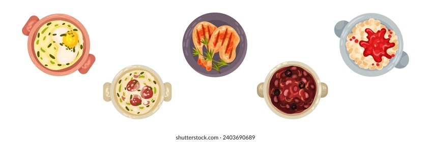 Portuguese Dishes and Main Courses View from Above Vector Set
