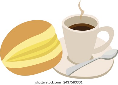 Portuguese donut (bola de berlim) with coffee. Colorful vector illustration