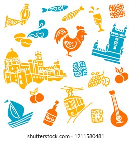 Portuguese elements and symbols, set of sights: cock, tram, sailboat, oranges, fish, grapes, Belem Tower, Pena National Palace, Pastel de nata. Hand drawn, doodle style vector