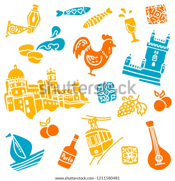Portuguese elements and\
symbols, set of sights: cock, tram, sailboat, oranges, fish,\
grapes, Belem Tower, Pena National Palace, Pastel de nata. Hand\
drawn, doodle style\
vector