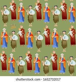 Portuguese festival “Santos Populares” (Popular Saints). Santo Antônio, São João, São Pedro (Saint Anthony, Saint John, Saint Peter). Seamless background pattern. Vector illustration