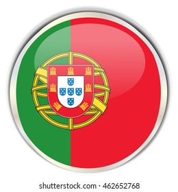 Portuguese Flag. Glossy button with glare in bright round frame.