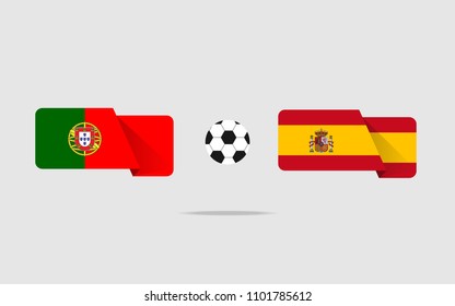 Portuguese flag and Spanish flag with a ball in between showing competition.  Portugal vs Spain