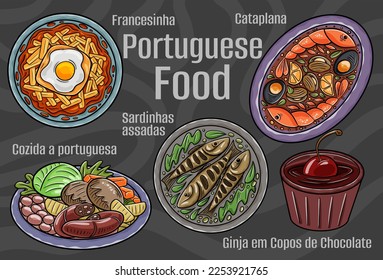 Portuguese food. A set of classic dishes. Cartoon hand drawn illustration.