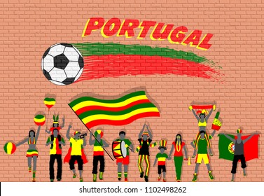 Portuguese football fans cheering with Portugal flag colors in front of soccer ball graffiti. All the objects are in different layers and the text types do not need any font. 
