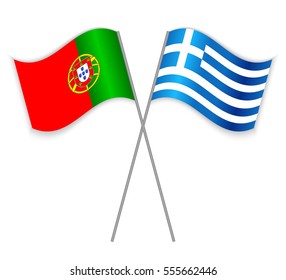 Portuguese and Greek crossed flags. Portugal combined with Greece isolated on white. Language learning, international business or travel concept.