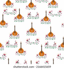 Portuguese guitar seamless pattern with flowers, typical azulejo tiles. Music and musical traditions pattern