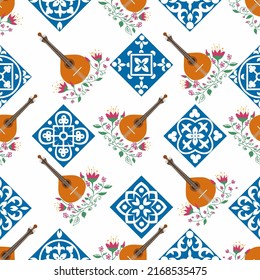 Portuguese guitar seamless pattern with flowers, typical azulejo tiles. Music and musical traditions pattern