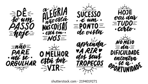 Juego de citas escritas a mano en portugués. Colección de letras del guión del pincel. Ilustraciones vectoriales de moda para camisetas, portada de libro, pegatinas. Frases motivacionales e inspiradoras que se pueden imprimir.