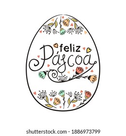 Portuguese Happy Easter frame in the shape of egg. Handdrawn Easter typography with flowers for greeting cards isolated on white background. Vector illustration for Portugal. Translation: Happy Easter
