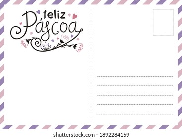 Portuguese Happy Easter postcard with flowers and hearts. Cute greeting card. Hand drawn airmail envelope. Vector illustration for Portugal. Translation: Happy Easter