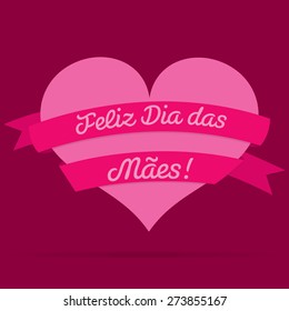 Portuguese Happy Mother's Day heart with ribbon card in vector format.