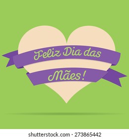 Portuguese Happy Mother's Day heart with ribbon card in vector format.