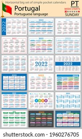 Portuguese horizontal Big set of pocket calendars for 2022 (two thousand twenty two). Week starts Sunday. New year. Color simple design. Vector