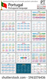 Portuguese horizontal Big set of pocket calendars for 2022 (two thousand twenty two). Week starts Monday. New year. Color simple design. Vector