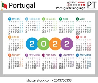 Portuguese horizontal pocket calendar for 2022 (two thousand twenty two). Week starts Monday. New year. Color simple design. Vector