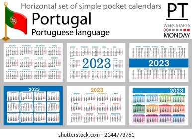 Portuguese horizontal pocket calendar for 2023 (two thousand twenty three). Week starts Monday. New year. Color simple design. Vector