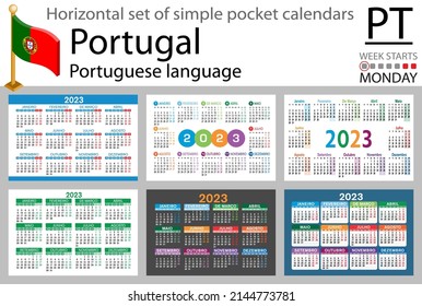 Portuguese horizontal pocket calendar for 2023 (two thousand twenty three). Week starts Monday. New year. Color simple design. Vector