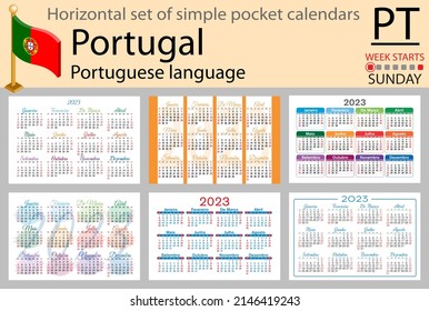 Portuguese horizontal pocket calendar for 2023 (two thousand twenty three). Week starts Sunday. New year. Color simple design. Vector