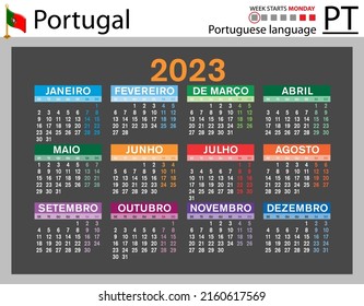 Portuguese horizontal pocket calendar for 2023 (two thousand twenty three). Week starts Monday. New year. Color simple design. Vector