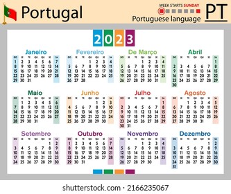 Portuguese horizontal pocket calendar for 2023 (two thousand twenty three). Week starts Sunday. New year. Color simple design. Vector