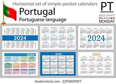 Portuguese horizontal set of pocket calendar for 2024 (two thousand twenty four). Week starts Monday. New year. Color simple design. Vector