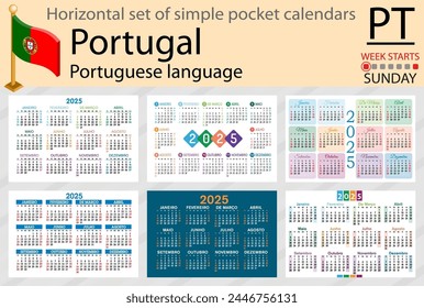 Portuguese horizontal set of pocket calendar for 2025 (two thousand twenty five). Week starts Sunday. New year. Color simple design. Vector