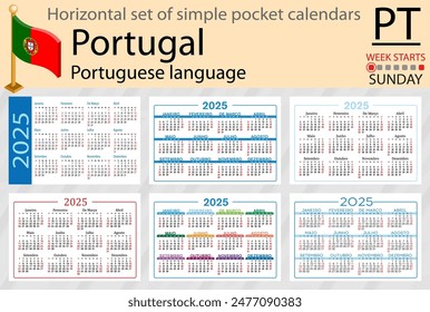 Portuguese horizontal set of pocket calendar for 2025 (two thousand twenty five). Week starts Sunday. New year. Color simple design. Vector
