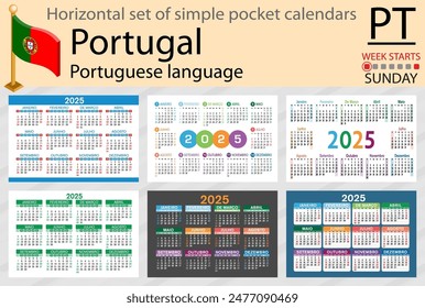 Portuguese horizontal set of pocket calendar for 2025 (two thousand twenty five). Week starts Sunday. New year. Color simple design. Vector