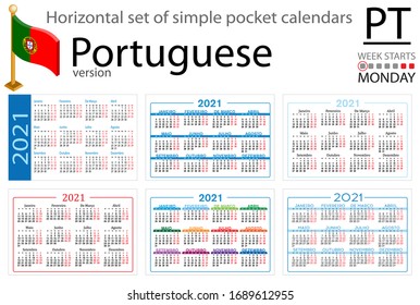 Portuguese horizontal set of pocket calendars for 2020 (two thousand twenty one). Week starts Monday. New year. Color simple design. Vector