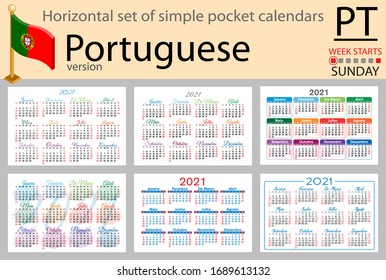 Portuguese horizontal set of pocket calendars for 2020 (two thousand twenty one). Week starts Monday. New year. Color simple design. Vector