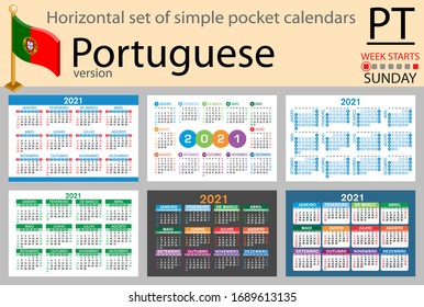 Portuguese horizontal set of pocket calendars for 2020 (two thousand twenty one). Week starts Monday. New year. Color simple design. Vector