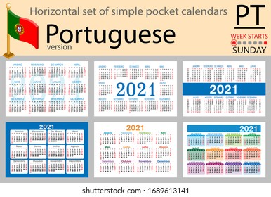 Portuguese horizontal set of pocket calendars for 2020 (two thousand twenty one). Week starts Monday. New year. Color simple design. Vector