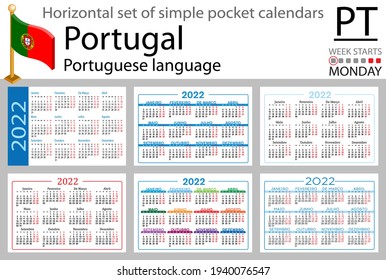 Portuguese horizontal set of pocket calendars for 2022 (two thousand twenty two). Week starts Monday. New year. Color simple design. Vector
