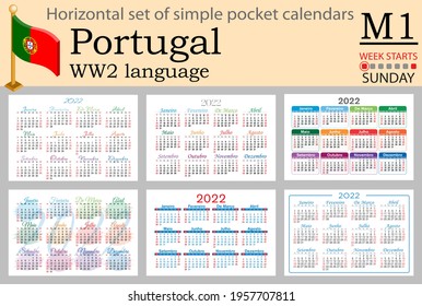 Portuguese horizontal set of pocket calendars for 2022 (two thousand twenty two). Week starts Sunday. New year. Color simple design. Vector