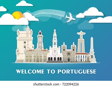 Portuguese Landmark Global Travel And Journey paper background. Vector Design Template.used for your advertisement, book, banner, template, travel business or presentation.