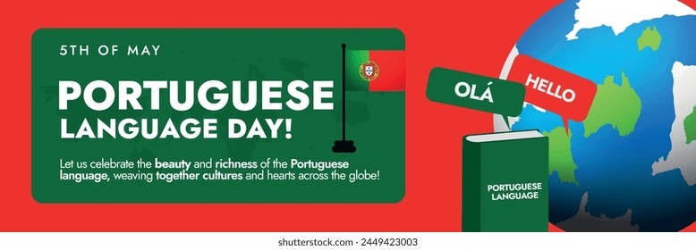 Portuguese Language Day. 5 May Portuguese language day social media cover banner in green and red colour with book icon and Portugal table flag. Portugal language cover banner vector