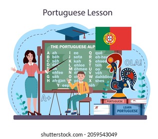 Concepto de aprendizaje de lengua portuguesa. Curso de portugués de la escuela de idiomas. Estudiar idiomas extranjeros con hablante nativo. Idea de comunicación global. Ilustración vectorial plana