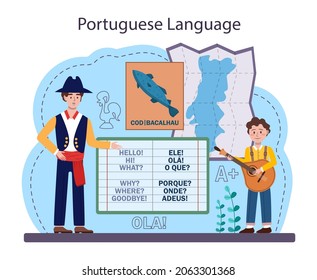 Concepto de aprendizaje de lengua portuguesa. Curso de portugués de la escuela de idiomas. Estudiar idiomas extranjeros con hablante nativo. Idea de comunicación global. Ilustración vectorial plana